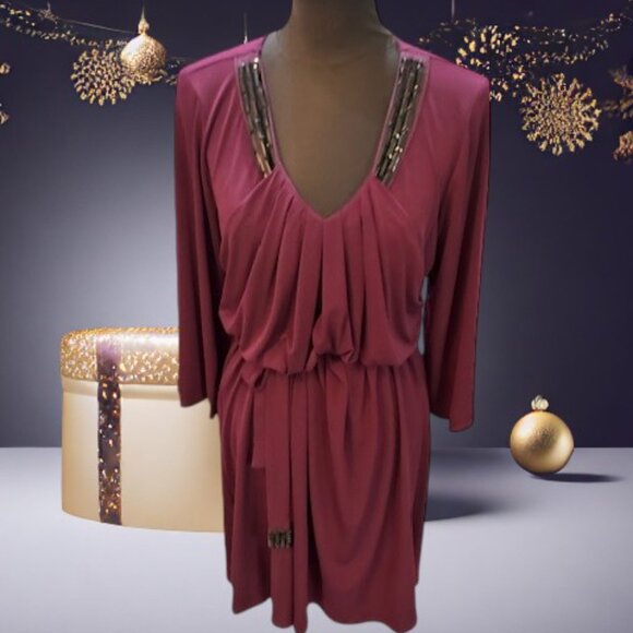Badgley Mischka Dresses & Skirts - Badgley Mischka PLUM Draped Dress w/ V-Neck Embellished Beading w/Belt ( L ) NWT